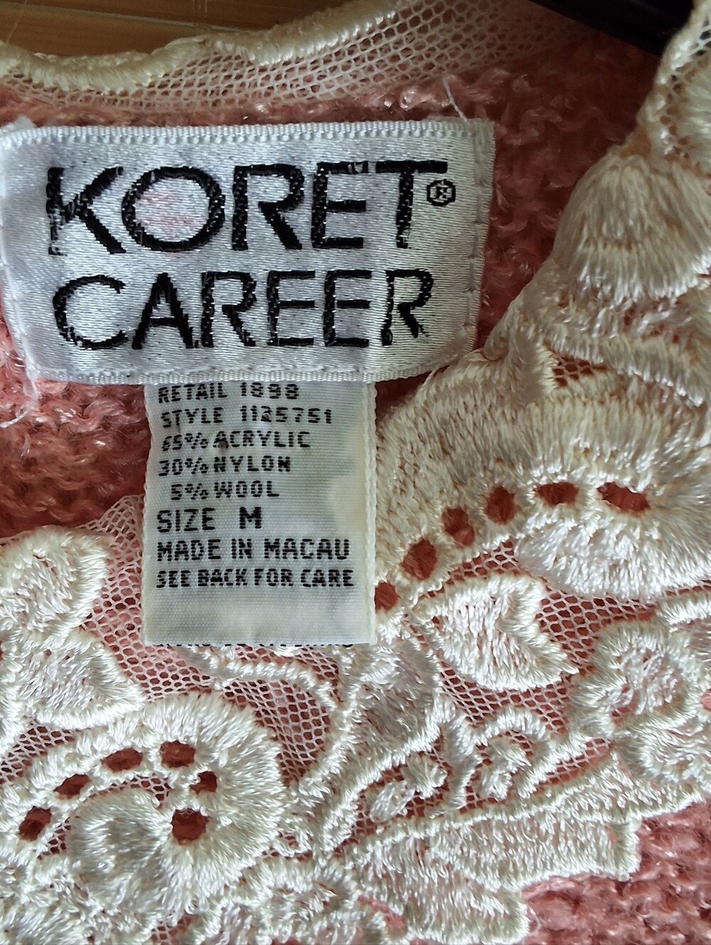 Vintage Koret Pink Knit Top with White Lace Trim- Wool Blend - Picture 3 of 4
